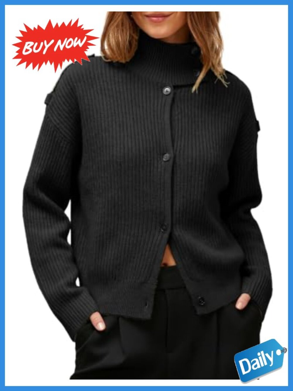Soft Ribbed Knit Button-Down High Neck Cardigan Sweater for Fall